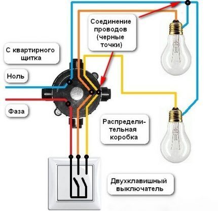Ноль следует из распредкоробки направить к клеммам светильника Схема подключения двух ламп