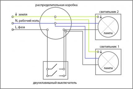 Схема подключения двухклавишного устройства для выключения света Схема подключения двухклавишника