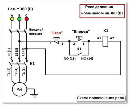 включение реле давления в трехфазную электроцепь Схема подключения реле на 380 В