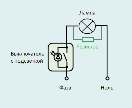 Схема установки резисторов в осветительной линии Схема размещения резистора