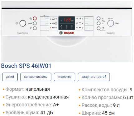 Тихая посудомойка Bosh SPS46IW01 Характеристики SPS46IW01