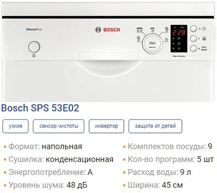 Наиболее популярная посудомойка Бош SPS53E02 Характеристики SPS53E02