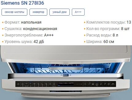 Технические данные посудомойки Сименс серии SN278136 Характеристики SN278136