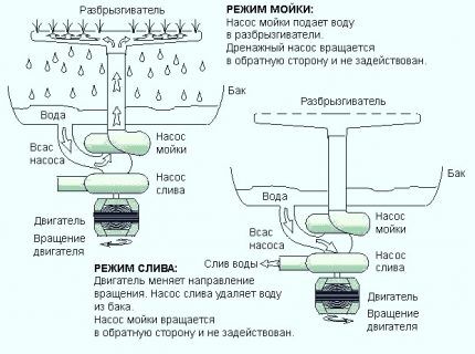 Схема работы насоса посудомоечной машины Помпа в посудомоечной машине