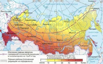 Карта инсоляции – потока солнечной радиации России 