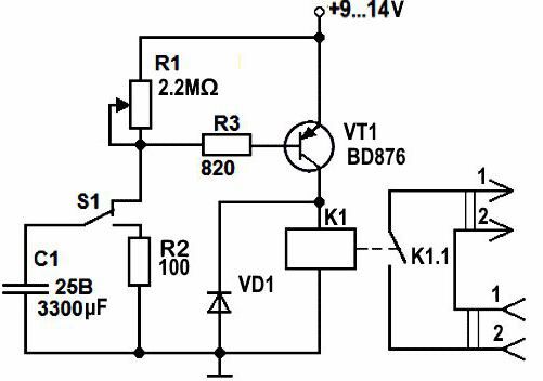 Схема простого реле времени на транзисторе КТ814