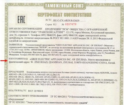 Сертификат соответствия на кондиционеры Aeronik