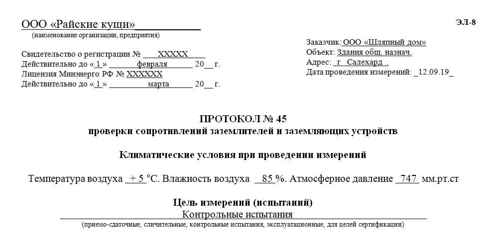 Протокол измерения сопротивления заземляющего устройства образец